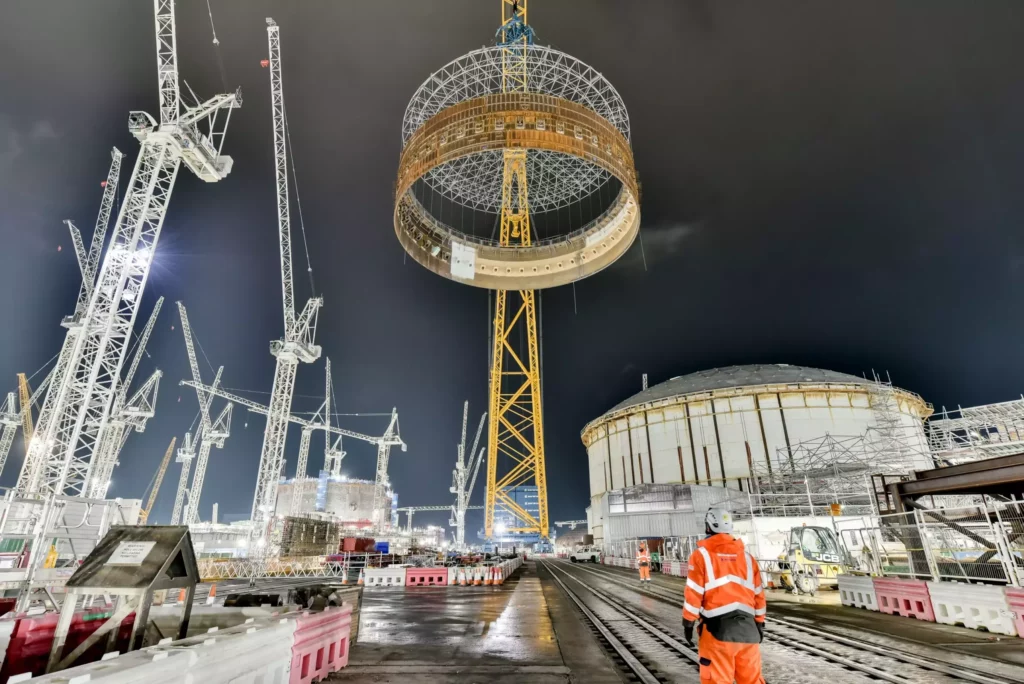 Big Carl, the world’s largest crane, lifted the pictured 304-tonne steel liner ring onto the first reactor building.©EDF